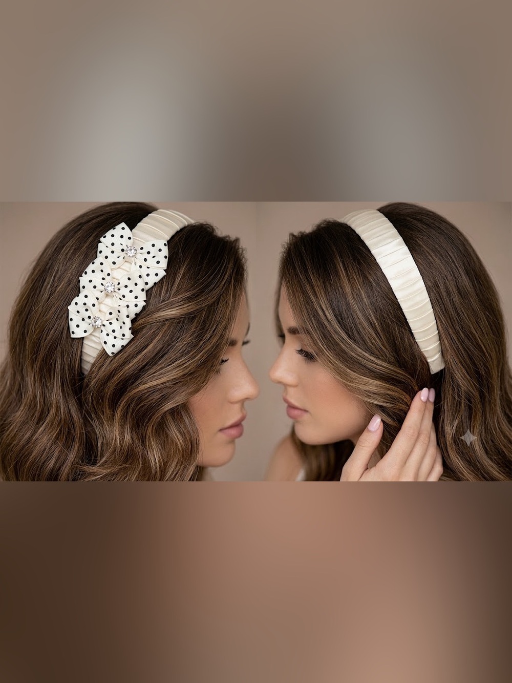 Cream Polka Dot Bow Headband- Handcrafted - Picture 2 of 6